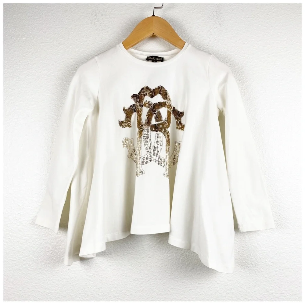 Roberto Cavalli Girl's White Gold Sequin Long Sleeve Top Size 7 Designer